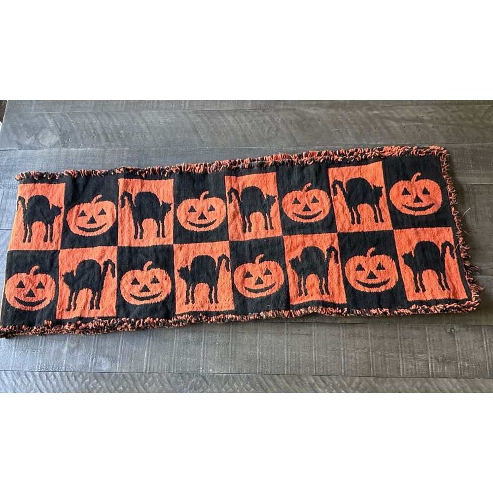 Vintage Halloween Woven Table Runner 1990s Y2K Black Cat Pumpkin Orange